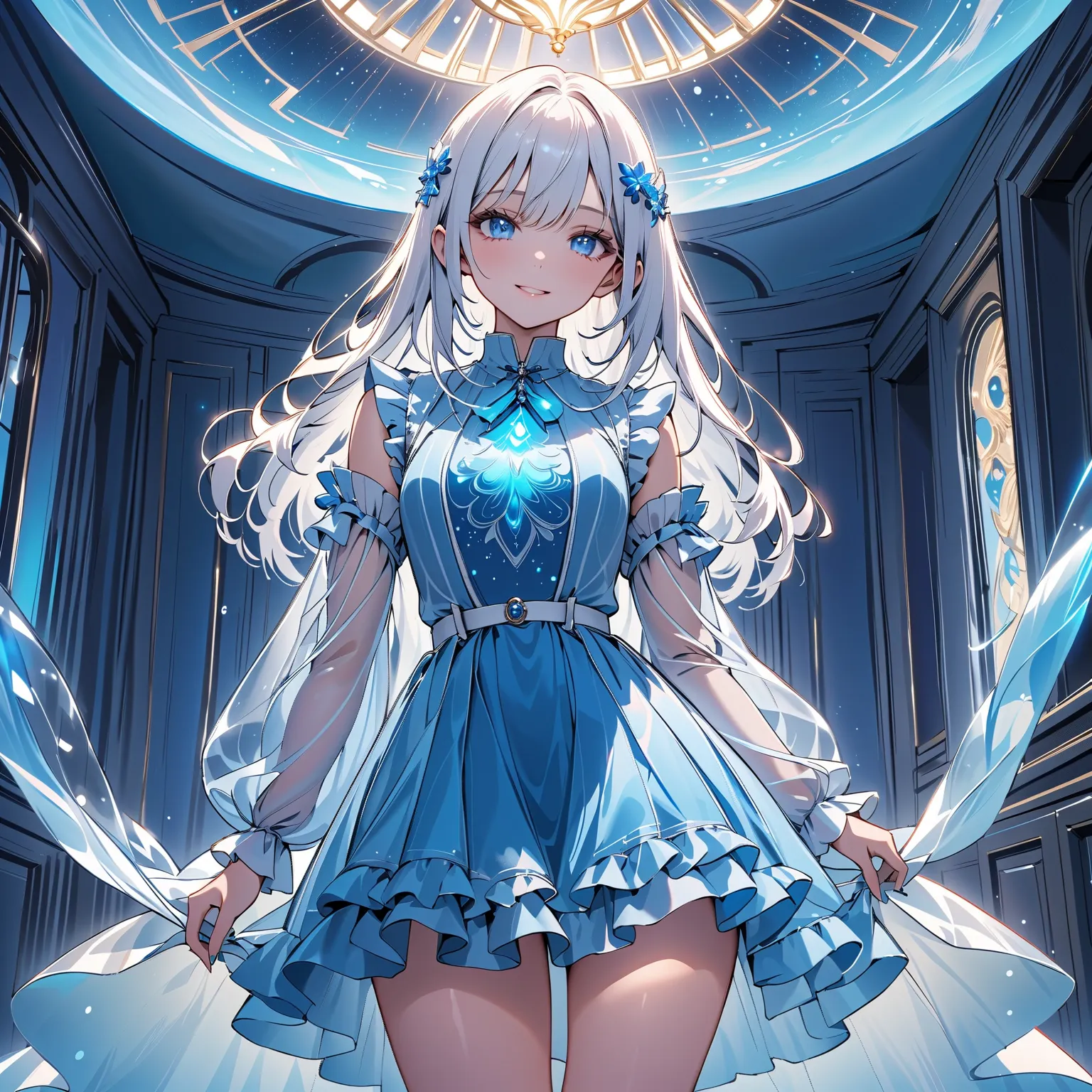 (transparent blue theme art),(top-quality),(masterpiece),(medium shot:1.5),((glowing)),((arms behind side)),Silky to the touch,Hyper Detail,(1 girl),(solo),Delicately drawn face,girl with a pretty face,beautiful detailed transparent blue eyes,beautiful det...