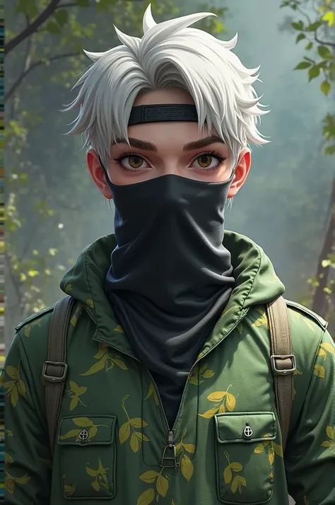 I want an avatar character from Free Fire wearing a black mask on his face, a cap behind white hair with a green shirt with green leaves printed on the shirt 