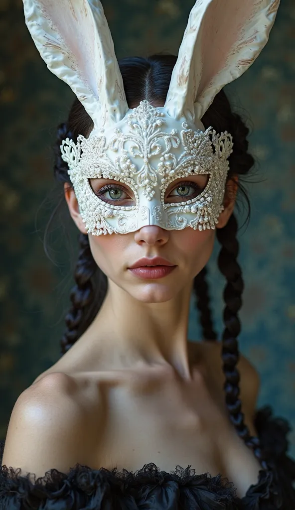  A captivating foreground captures the enchanting face of a beauty dazzling ,  her porcelain skin shines under the delicate filigree of an intricately designed white silk rabbit mask.  Her raven braids ,  cropped short to frame her heart-shaped face ,  are...