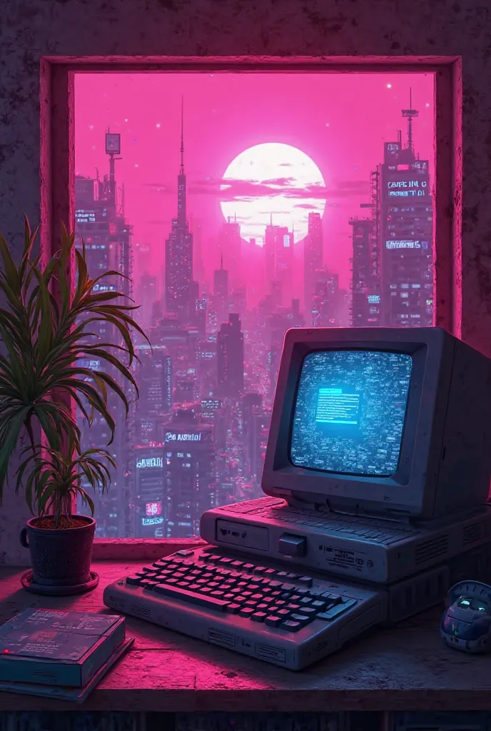 6. "Spam The Tentación"**  
Ventana The computadora años 90 con un *pop-up* The "on an open chest?" over a cyberpunk city. The cursor ( A human hand ) Temptation Spam, mientras notificaciones The error ("voxel particles!") parpaThean. Vaporwave aesthetics ...