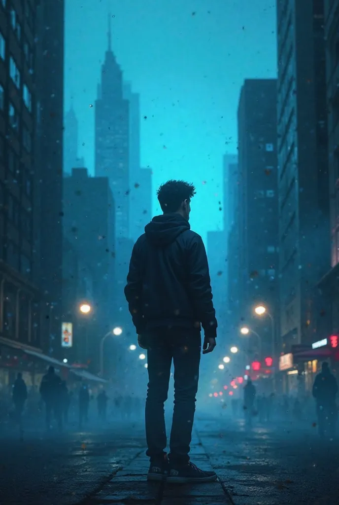 Young adult slim build on the background of a cover, Turning away from behind towards some cities,  dark and mysterious background ; rays blue environment, rays and sparks, Shadows chase him around, wide and high general plan
