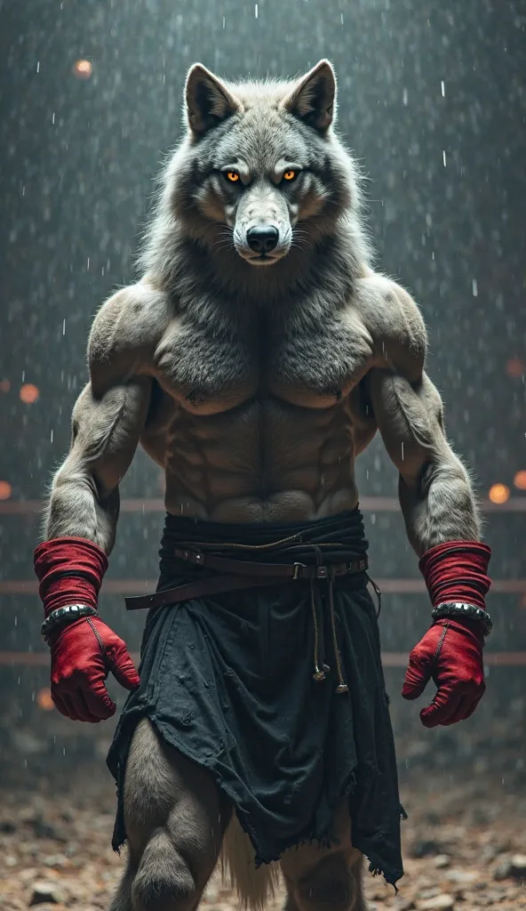 A muscular slightly humanoid wolf, of gray fur and piercing eyes, on high guard inside the ring. His black singlet and red gloves contrast with the intense lighting. He moves slightly, like a hunter about to attack.