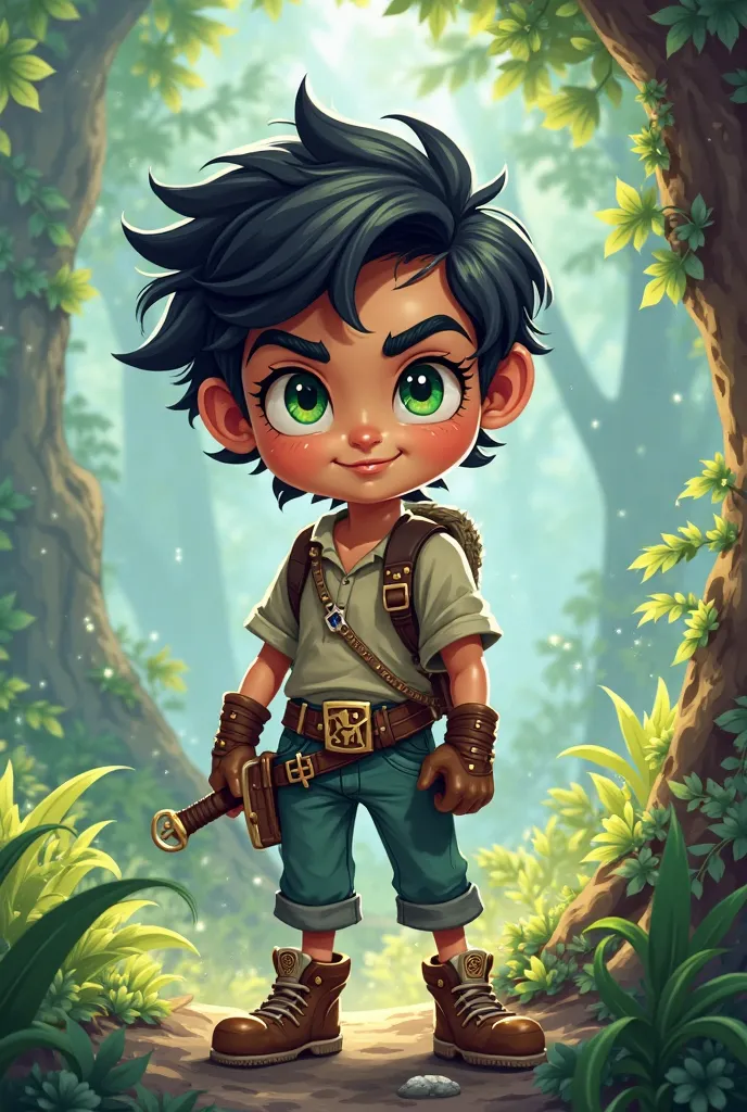 Cartoon of an RPG character with wavy black hair and green eyes