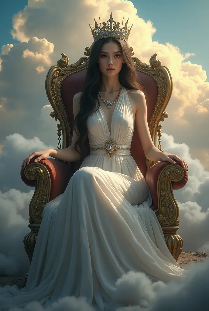 Create an image for me of a non-standard female character, Enhance your beauty, Lap that she with a crown and on a throne ,  cloud background , With a motivational phrase in the background