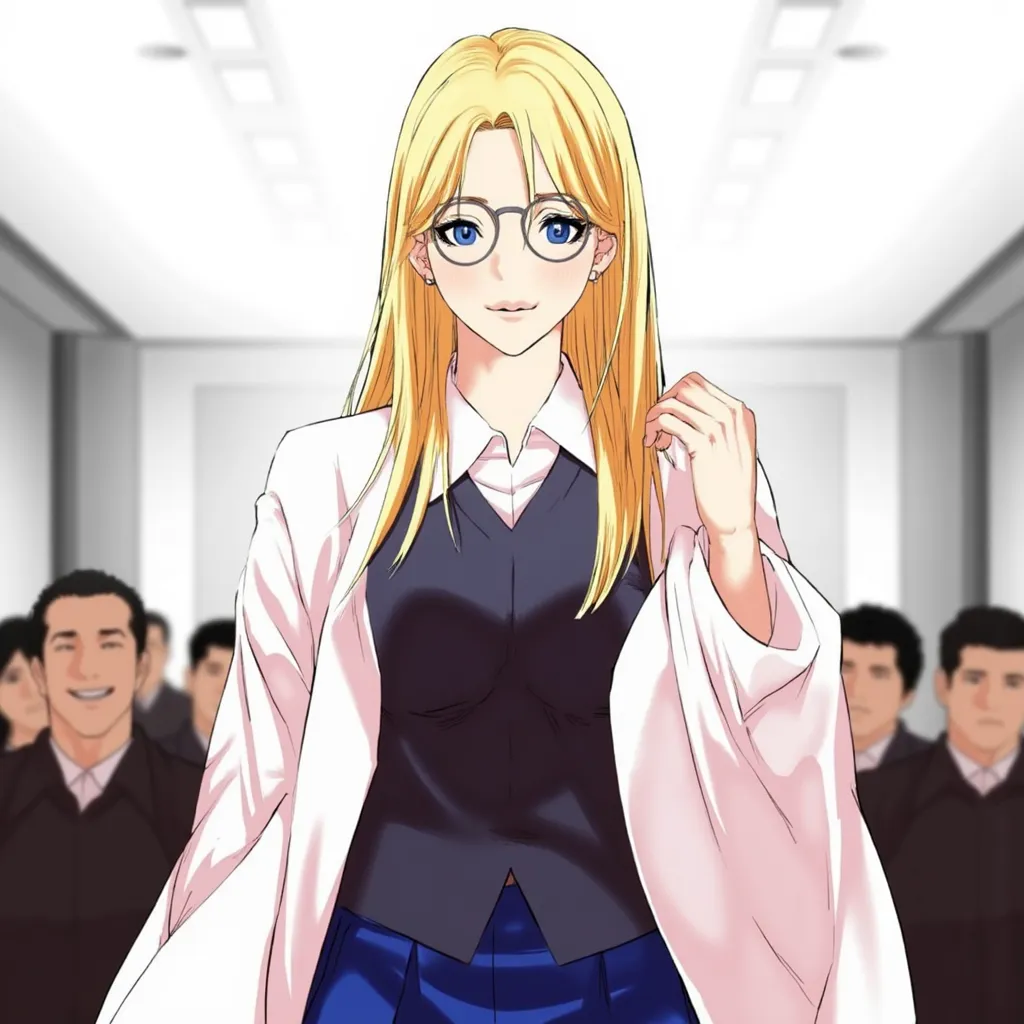 Image from Lookism cartoon with a blonde girl, blue eyes, beautiful appearance, long hair.,  wearing glasses. She wears school uniform, It consists of a white shirt, a white robe, and a blue vest with a skirt.  , Confidently looking at the audience 