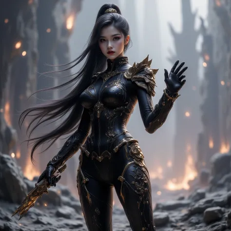 A highly detailed, full-body character concept design of "Wu Ying" (code name: Shadowless), the female Scout Commander of the Imperial Demon Hunting Division, in an epic, fantasy-inspired scene. Shadowless stands tall and proud, her piercing gaze commandin...