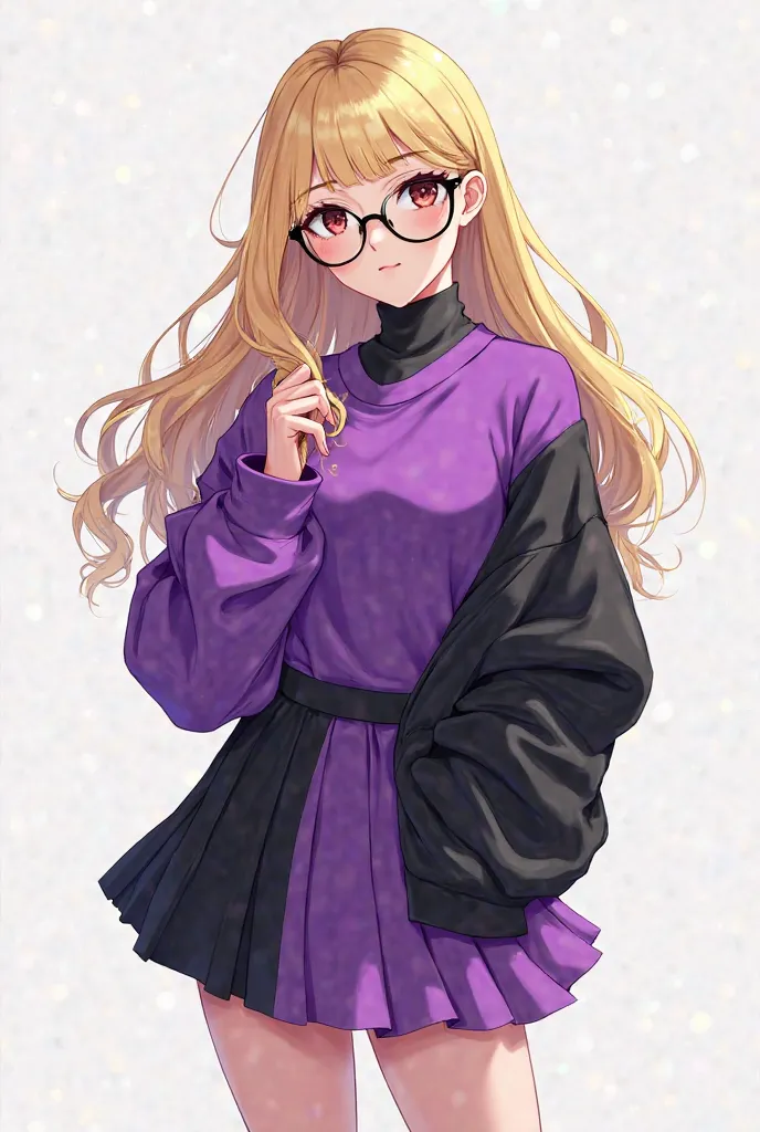 Asme an image gender woman I want her in anime she has blonde hair she also has black glasses she has a purple sleeve and the other black one the same with her feet and she has a skirt