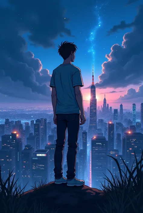 anime drawing of a young adult with a slim build in the background of a cover, turning away from behind towards a distant city,  dark and mysterious background ; Ambiente Azulino, rays and sparks, Shadows chase him around, wide and high general plan
