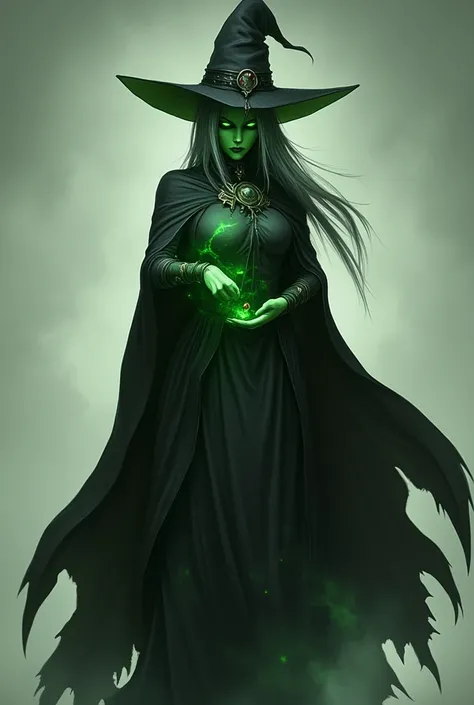 a fantasy Green-Faced Witch Mercy from over watch wearing a black witch hat and black coat. studio background, looking toward viewers, she waving her hand in air