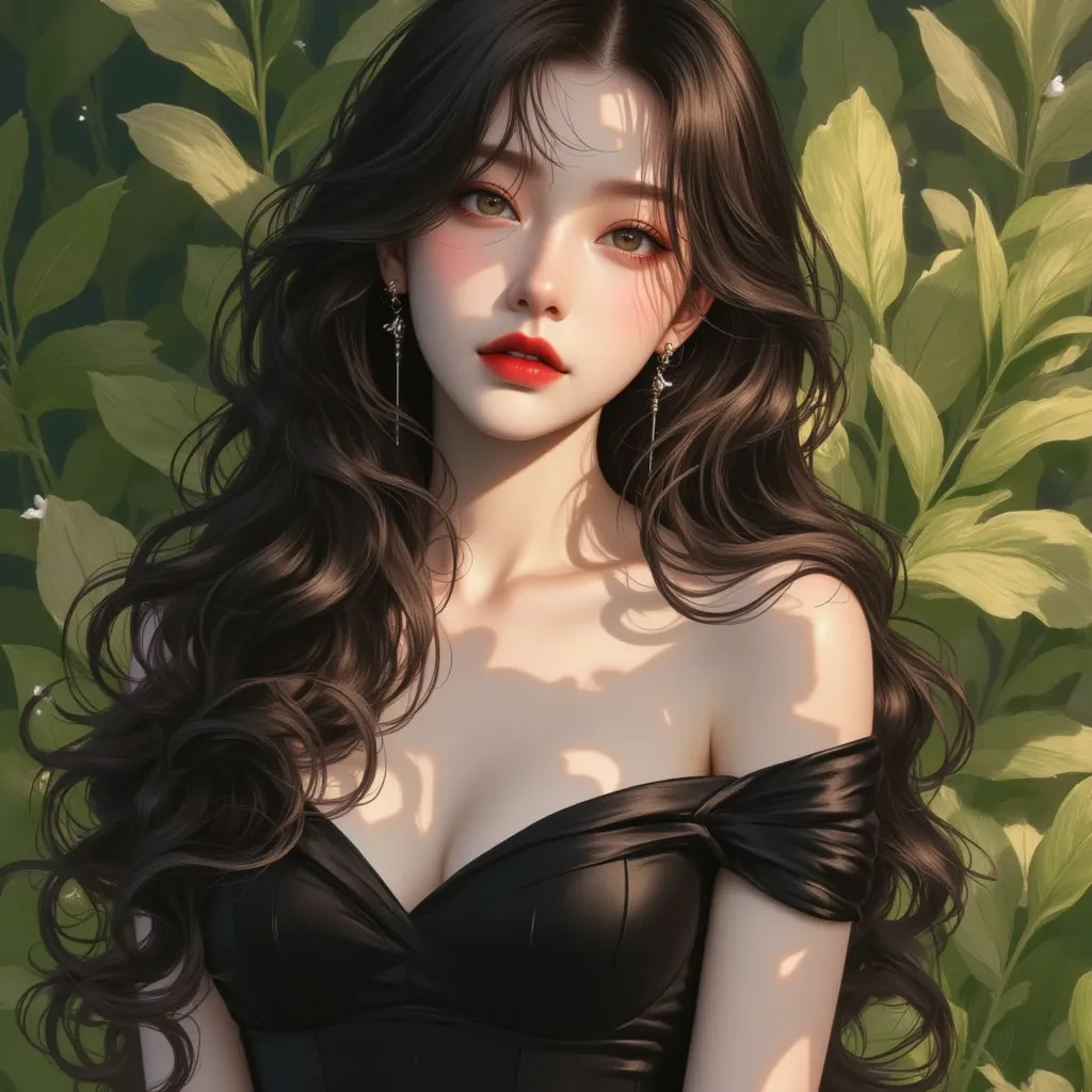 25-year-old woman with beautiful appearance, white skin, pink skin, long hair, black curls, big breasts, wearing a black single-line dress, natural light garden