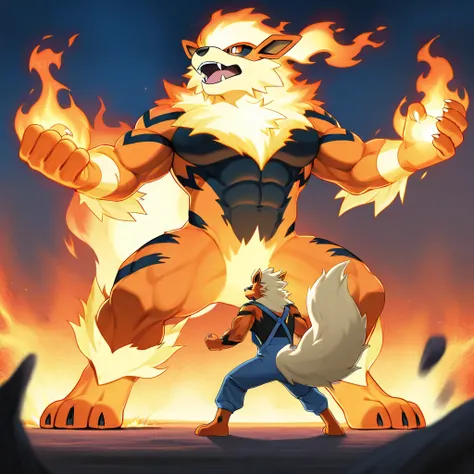 masterpiece, best quality, Make a Pokémon inspired by the Arcanine, flaming background 