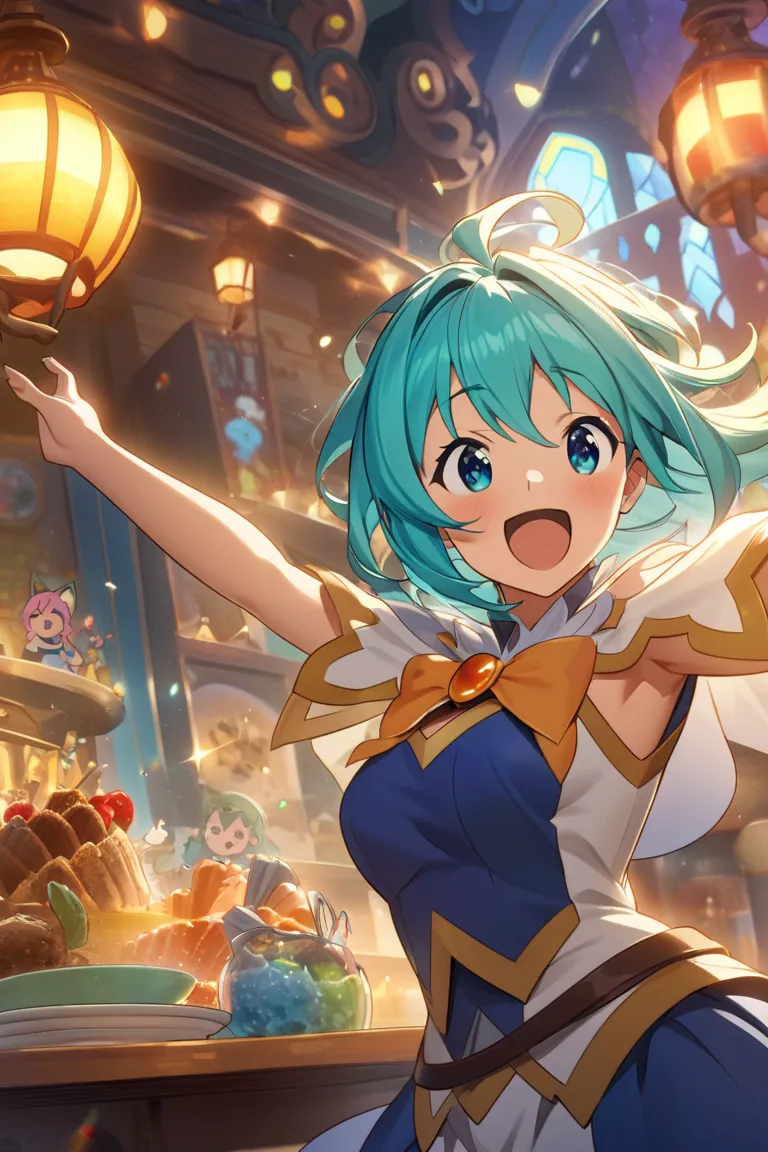 Aqua by Konosuba with the visual style of the Konosuba anime 