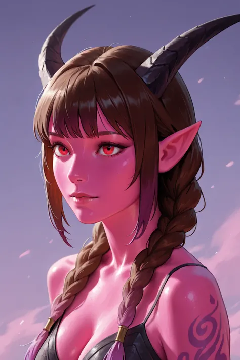 Illustration, Semi-realistic, 1girl, solo, Figfaeth, horns, pointy ears, red eyes, brown hair, purple gradient hair, long braid, bangs, colored skin, pink skin