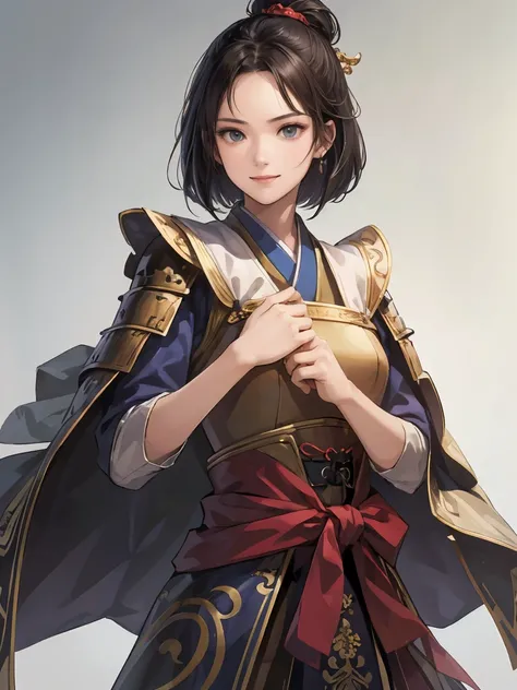    beautiful woman with short hair ：1.3,  artwork inspired by Grovitz , neck length hair 、 Hanfu,((   pure white background  )), ( Top Quality),   handsome， Beautiful female knight , 2.  5d cgi Fantasy Artwork ,  EXQUISITE DIGITAL ART ,   Extremely Great W...