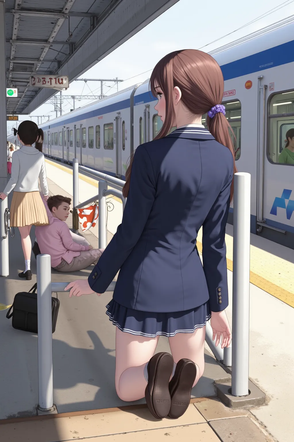 　 best image quality、score_9,  score_8_ up 、masterpiece、realistic、 back view、from below、1 Japanese girl、female high school students、uniform、 blazer、miniskirt、panties、loafers、On the stairs at the station、