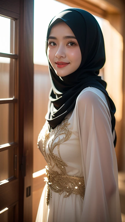 ​masterpiece、1 beautiful girl, 18 years old girls、A detailed eyes 、Puffy eyes、top-quality, 超A high resolution, (Realisticity: 1.4), cinematlic lighting、 、cute girl、 wears syar'i dress and hijab、long dress 、black dress、black hijab、 Middle East Beauty 、Super...