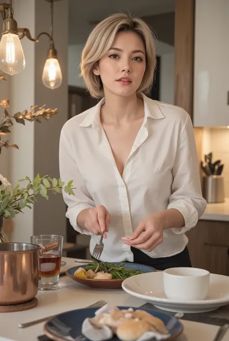 Adult woman cooking, Alone, I'm making very tasty food, Simple face-to-face kitchen at home, Beautifully decorated dishes adorn the dining table, I'm looking forward to my family's return。