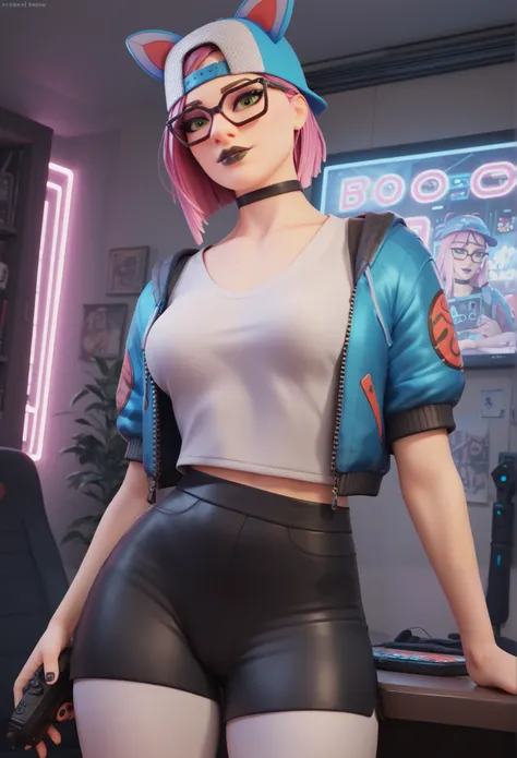 girl (Masterpiece),choker ,black lips,cap,evening (alone )loose V-neck gray T-shirt,blue jacket (black shorts with white leggings)tight lycra shorts, gaming,gamer room, with neon light ,beautiful green eyes, short pink hair, glasses
INFO
