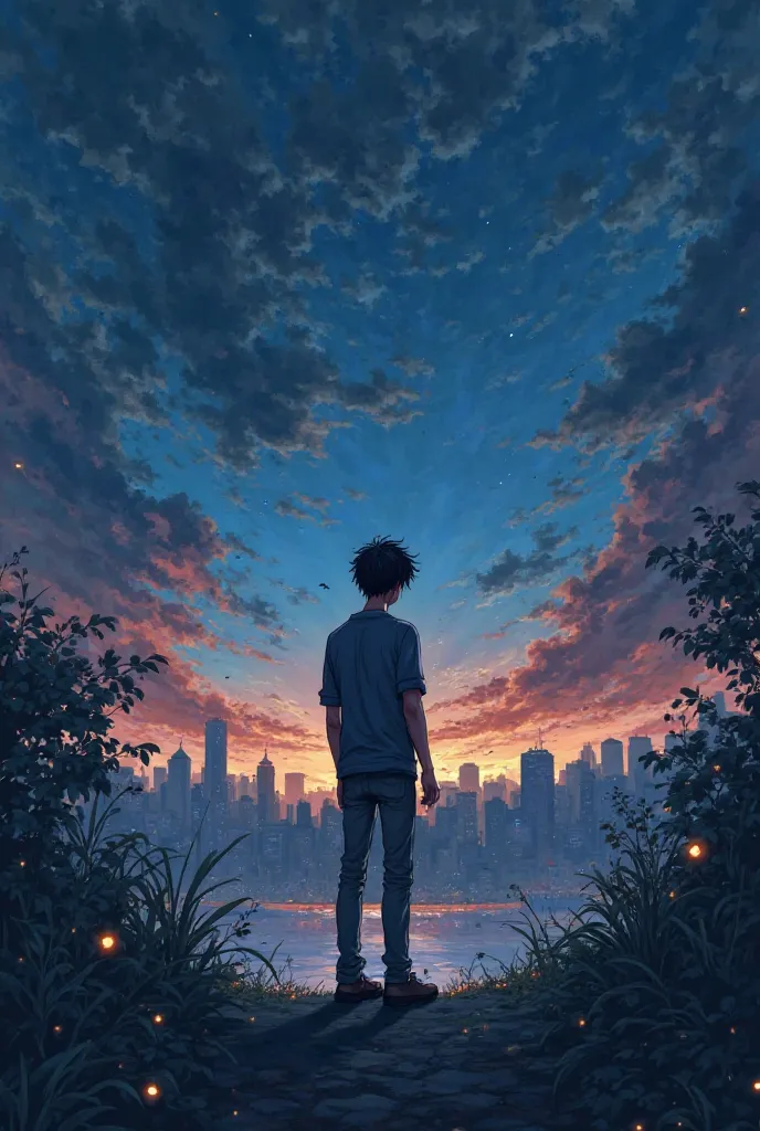 , wide general plan  , anime drawing of a young adult,  slim build, in the background of a cover, turning away from behind towards a distant city,  dark and mysterious background ; Ambiente Azulino, rays and sparks, Shadows chase him around
