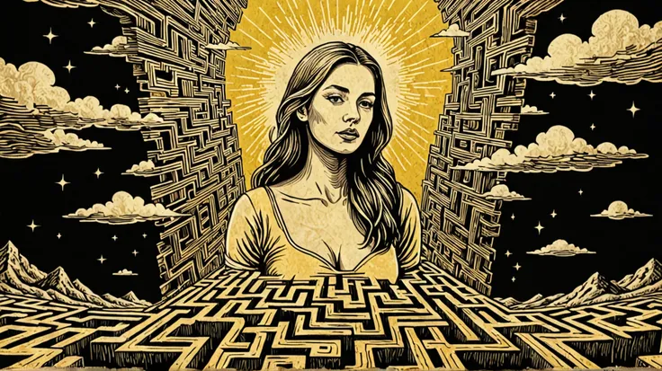 Create a rustic woodcut style image digital art surreal, using only black, beige and yellow colors.

A woman in a maze