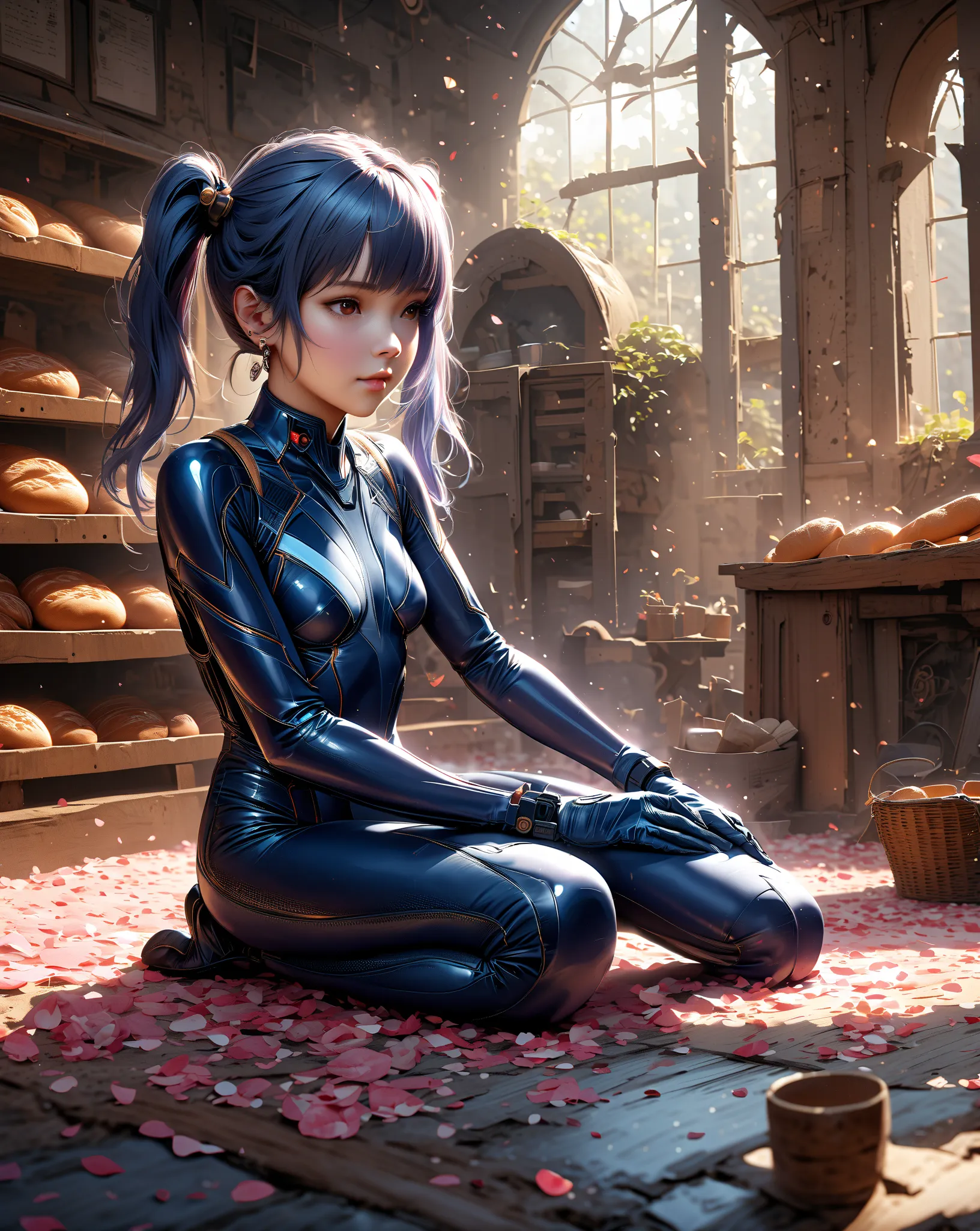 one girl、Pigtails、 Hair、brown eyes、 blue cybersuit 、mechanical earring pointed upward、 Fluttering Petals 、kneeling pose、 bakery、Hi-Res, masterpiece, accurate,