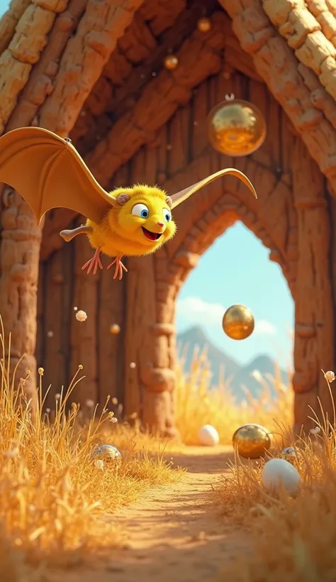 3D cartoon style image, 4K image, colourful image.
Action, There is a very big wooden house, inside the house a yellow bat has given a golden egg and inside the wooden house there is dry grass, there is an egg on top of the grass.