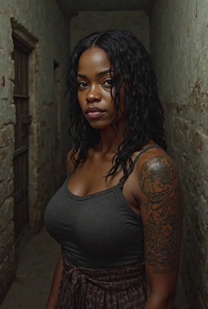 Black woman with boat tattoo on her arm in colonial prison