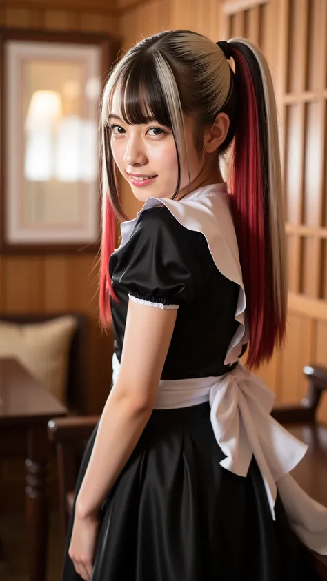 Silky smooth hair、Three hair colors: white blond hair, black hair, and red hair、Flush the bangs、 hairstyle is straight、Long hair up to chest、brown skin、Black maid outfit、 maid cafe 、ponytail
