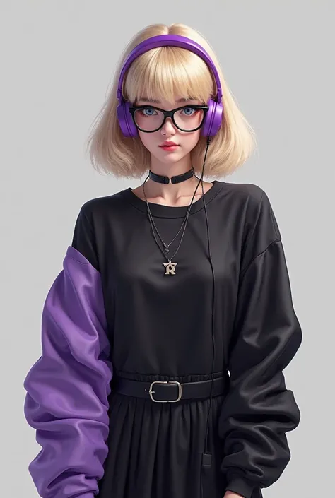 Asme an image gender woman has black glasses and purple headphones, has a black shirt and has a purple sleeve and the other black one has a skirt and already has blond hair