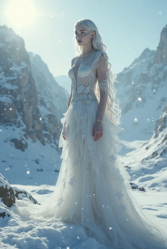 a goddess on top of a mountain, dressed in a transparent dress, a snow shower, detailed portrait, high quality, realistic, cinematic lighting, epic fantasy scene, dramatic atmosphere, volumetric lighting, snow flakes, studio lighting, photorealistic, 8k, a...