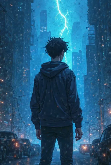 very large general plan , anime drawing of a young adult,  slim build, in the background of a cover, turning away from behind towards a distant city,  dark and mysterious background ; rays blue environment, rays and sparks, Shadows chase him around
