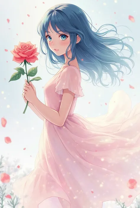 My Hero Academia figure/A girl with dark blue hair and sky blue eyes wearing a pink dress holding a rose in her hand