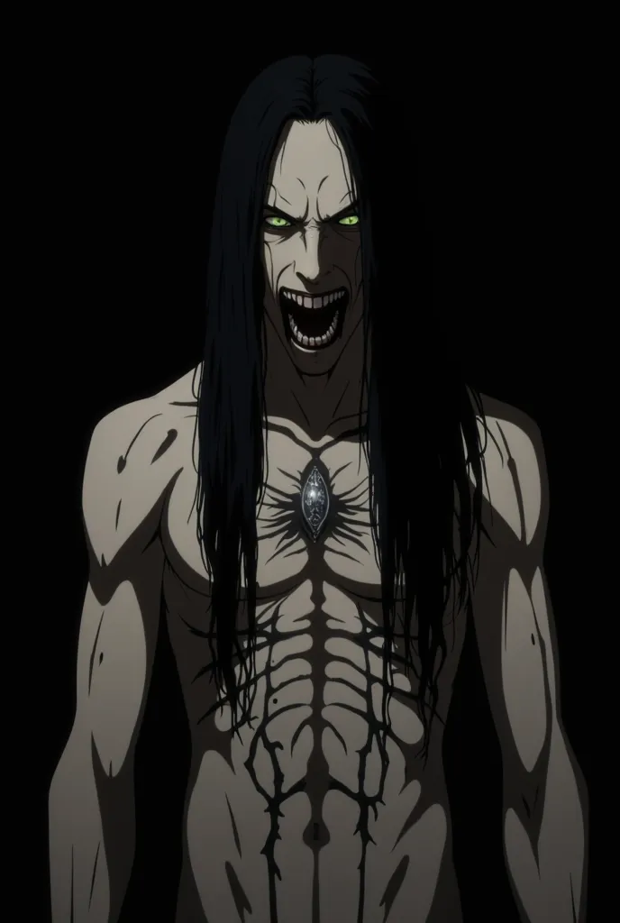  a completely crazy man with long black hair, Green Eyes is a macabre face .shirtless, with several black markings that extend all over his chest.  sharp claws, a mouth with sharp teeth in the left center of the chest. he is in a dark time alone , screensh...