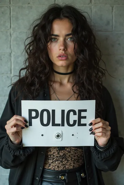 “A 25-year-old young woman”, long curly hair in disheveled dark brown, tez blanca,  big eyes with green pupils , “full lips”, small nose, thick eyebrows, black nails, wear a black lace top, torn black leather pants, black leather ankle boots , is being tak...