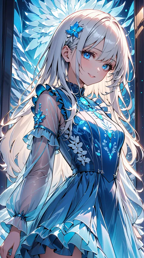 (transparent blue theme art),(top-quality),(masterpiece),(medium shot:1.5),((glowing)),((arms behind side)),Silky to the touch,Hyper Detail,(1 girl),(solo),Delicately drawn face,girl with a pretty face,beautiful detailed transparent blue eyes,beautiful det...