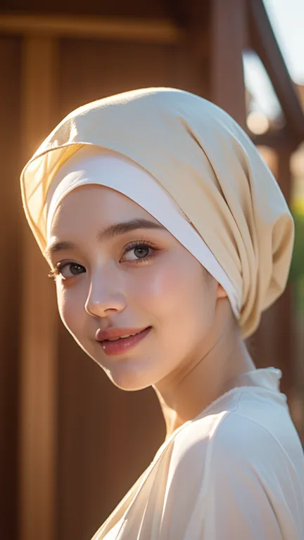 ​masterpiece、1 beautiful girl, 18 years old girls、A detailed eyes 、Puffy eyes、top-quality, 超A high resolution, (Realisticity: 1.4), cinematlic lighting、 japanese、cute girl、 wears syar'i dress and hijab、long dress 、white dress、white hijab、Luxurious、Asian Be...