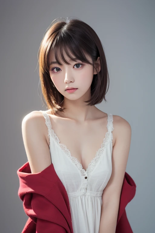 Masterpiece, best quality , high resolution,short hair, blue eyes, 1 girl, Alone, Blue Ribbon, eyelash , neck ribbon, Sleeveless, bangs, clavicle, Bare arms, Pink Dress , Red coat, white background, Front , No view, are staring at the viewer, upper body, f...