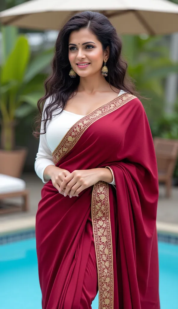 Closeup Full body photo of malayali womami, age 30 years, white skin, a bit chubby, smile, wearing  navy solid maroon colour saree and white ethinic conservative blouse,  long silky wet  black hair, wet hair, wet body, standing t over the edge of the pool ...