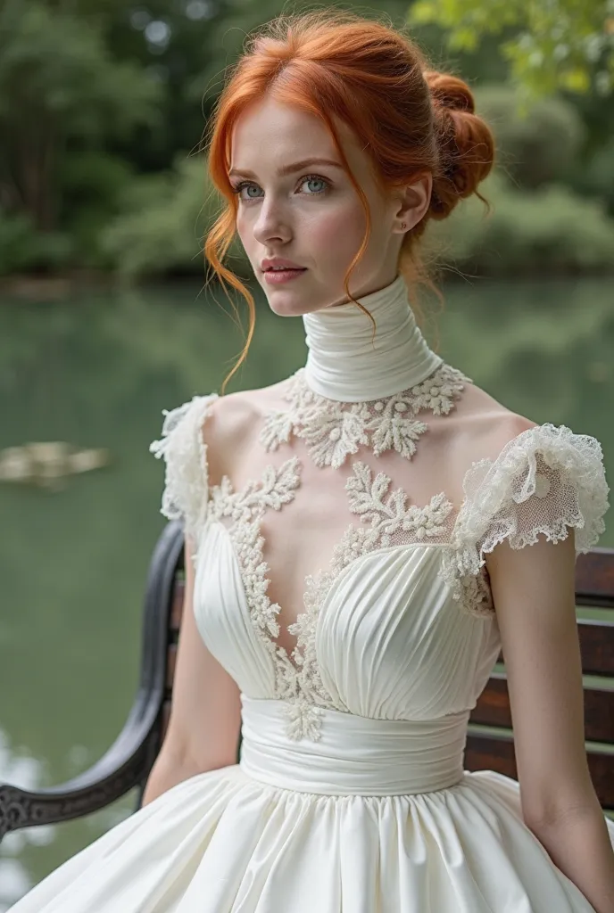 A beautiful red-haired woman with an extremely long neck. She wears a wedding dress ,  completely white, with a tight high collar, corrugated , that wraps around and covers her entire long neck. The fabric of the dress is made of delicate lace and satin, n...