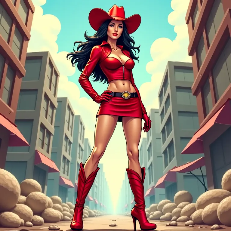 Man who became a hot woman dressed as a red cowboy with a short skirt and high heel boots destroyed city comic cartoon image 