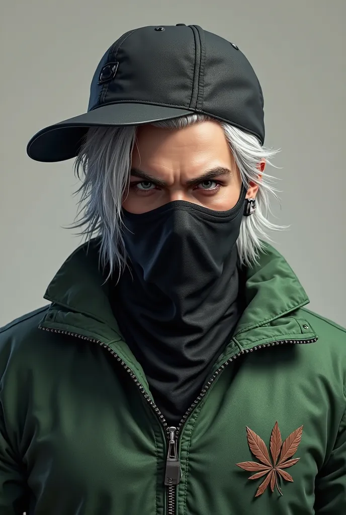 I want a male character avatar of Free Fire wearing a black mask on his face, with a black cap turned back,  with white hair , wearing a green shirt with leaves printed on the shirt 
