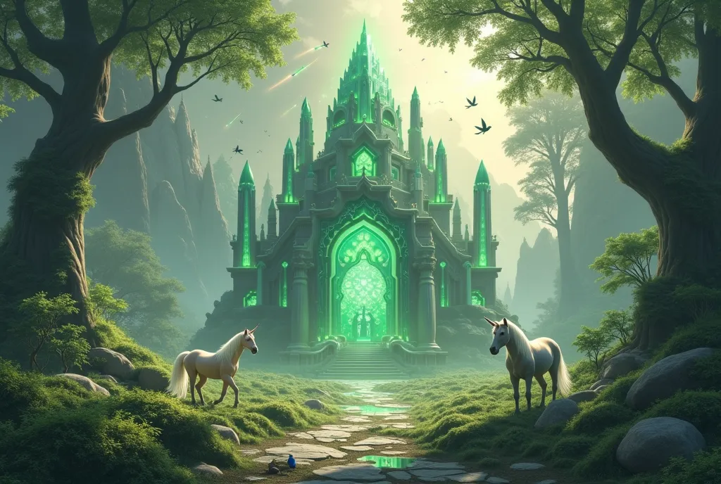 Landscape with the temple made entirely of emerald crystal and jade in the middle of a mystical forest with unicorns, Adas , elves,  shooting stars, birds