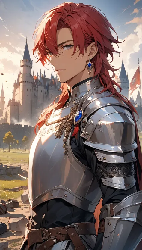 ((Best Quality)), ((masterpiece)), (detailed), Perfect Face, a handsome man in his mid 20s, a dignified knight, handsome, long red hair with bangs, white eyes. tan skin. Earrings.Solo. Castle in background. Battlefield.  