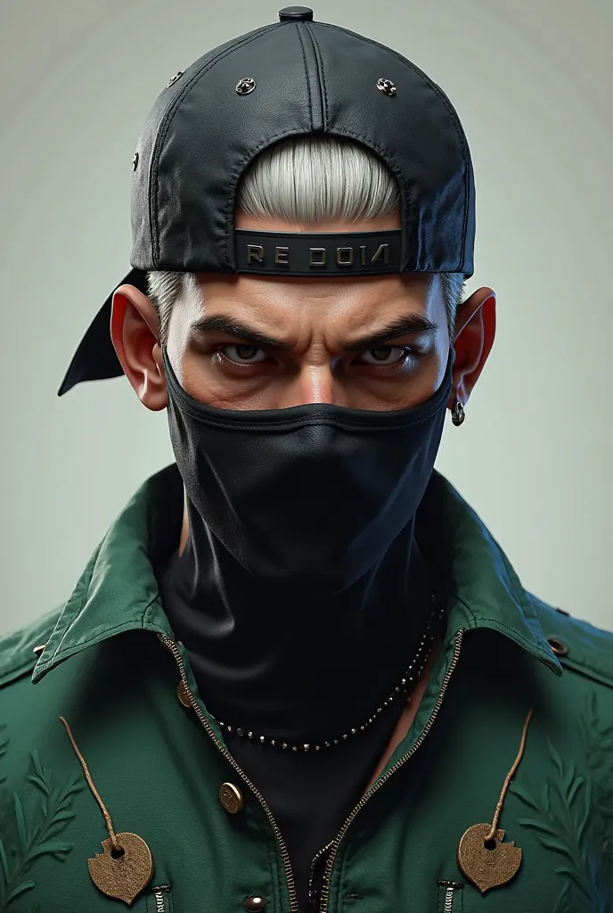 I want a male character avatar of Free Fire wearing a black mask on his face, with a black cap turned back,  with white hair , wearing a green shirt with leaves printed on the shirt 
