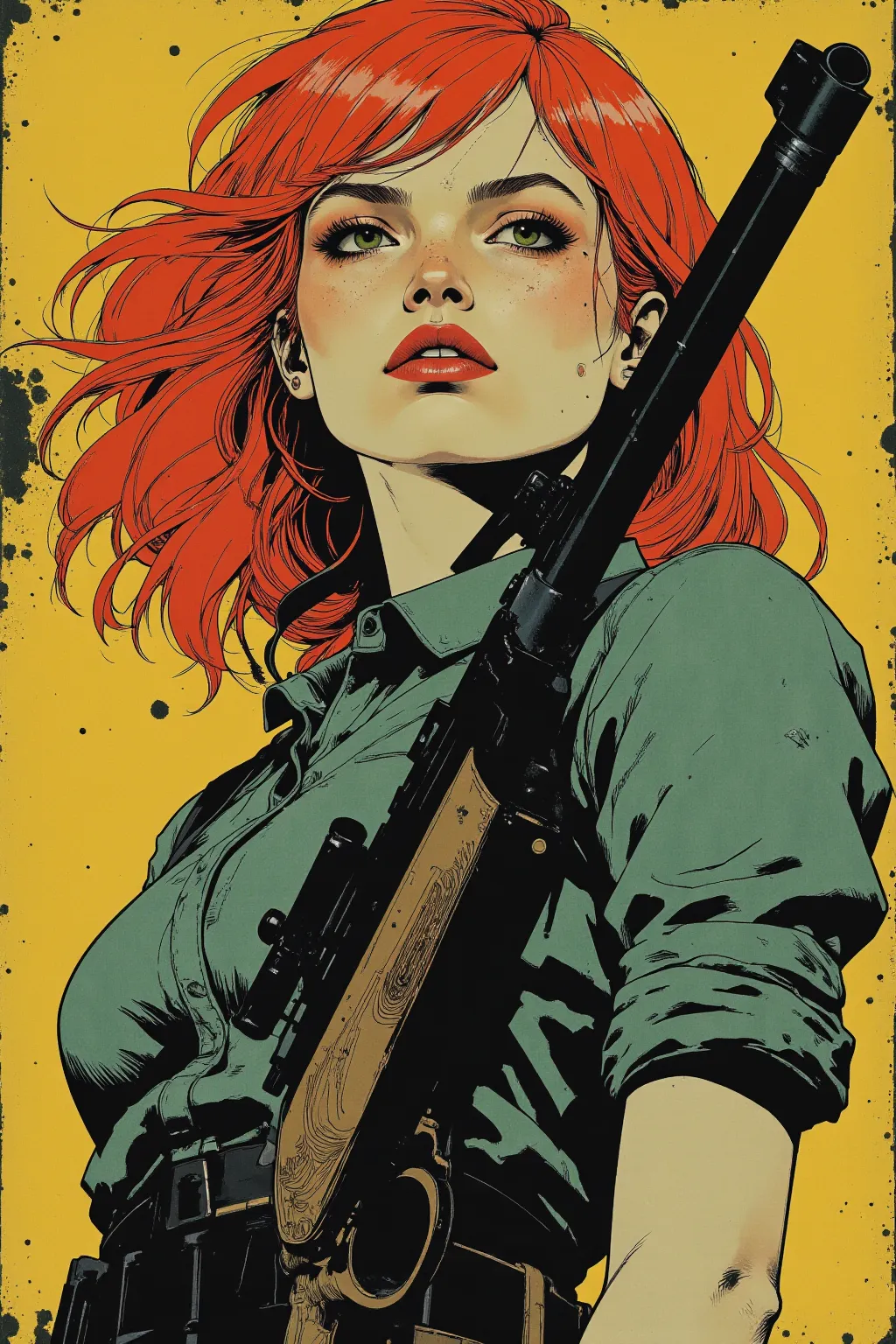 art by Mike Mignola blend Milo Manara, Daughter of the city apothecary, a young woman with red hair and green eyes, whose beauty hides an indomitable spirit.
Foi atacada por Patrick O’Malley Jr. before the confusion begins.
Usa um rifle Winchester ‘73, who...