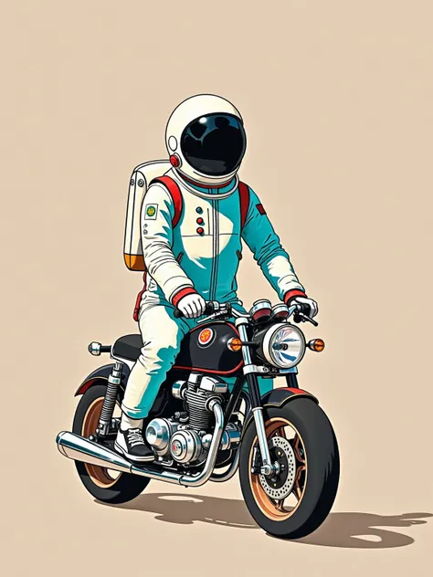 (Q version style, book cover decoration, moonlab_studio style, thick line strokes, Graffiti, Minimalism), Astronaut riding a motorcycle in space，The background is simple and clean ， Smart and Sly ， Colourful，Colorful, (simple lines, clean background, solid...