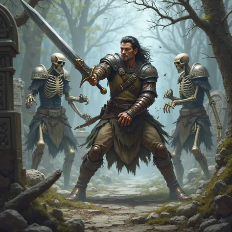 A dnd style human adventurer fighting vs 3 skeletons onna graveyard