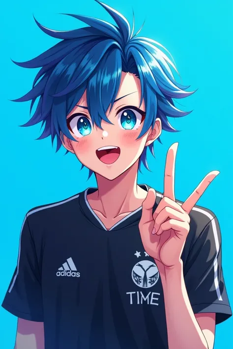 Anime man black jersey team jersey blue hair shiny blue eyes with a blue background making a two with his tongue sticking out 