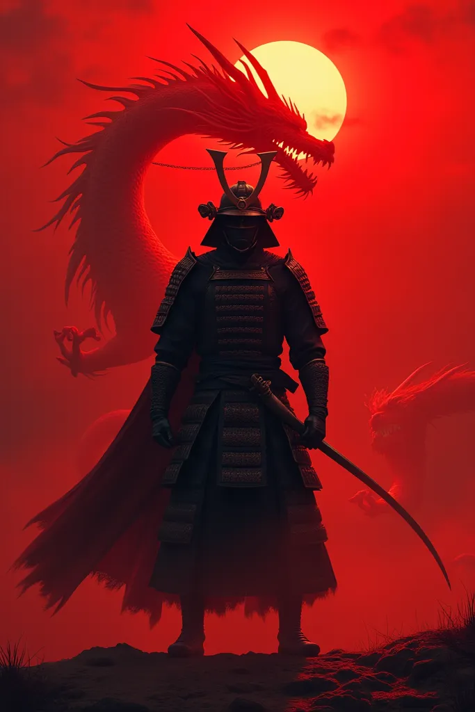 A man wearing a black samurai suit, holding a sword standing as tall as a dragon. Behind him is a translucent red dragon, a small sun on a red background.