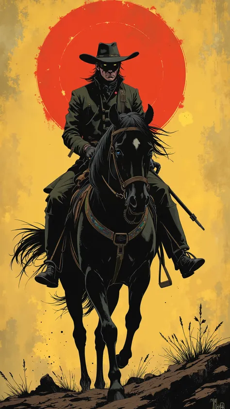 art by Mike Mignola, Filho de Lord Edward Blackwood, an English nobleman, and the Little Eagle, a Lakota woman.
Lone Horseman, wandering the West, marked by his past in the war and by a divided identity.
Ride Thunder, a black Mustang with an indomitable sp...